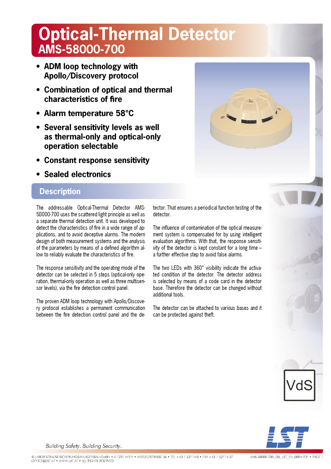 LST AMS-58000-700 manual Optical-Thermal Detector, Description 