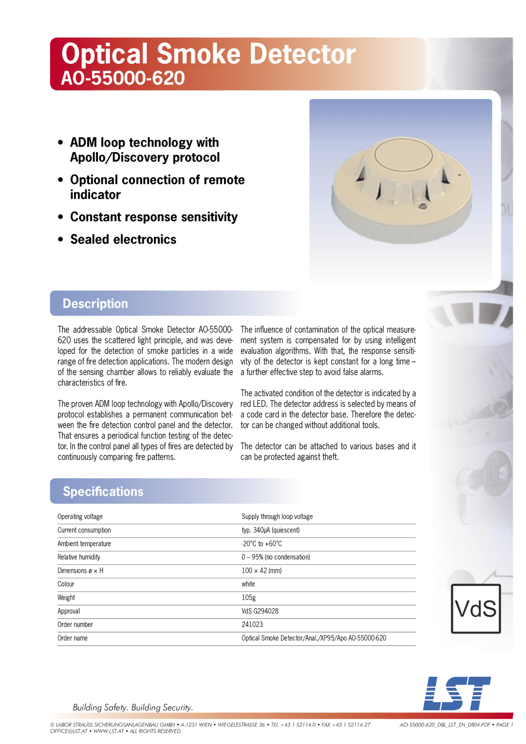 LST AO-55000-620 specifications Optical Smoke Detector, Description, Speciﬁcations, Building Safety. Building Security 