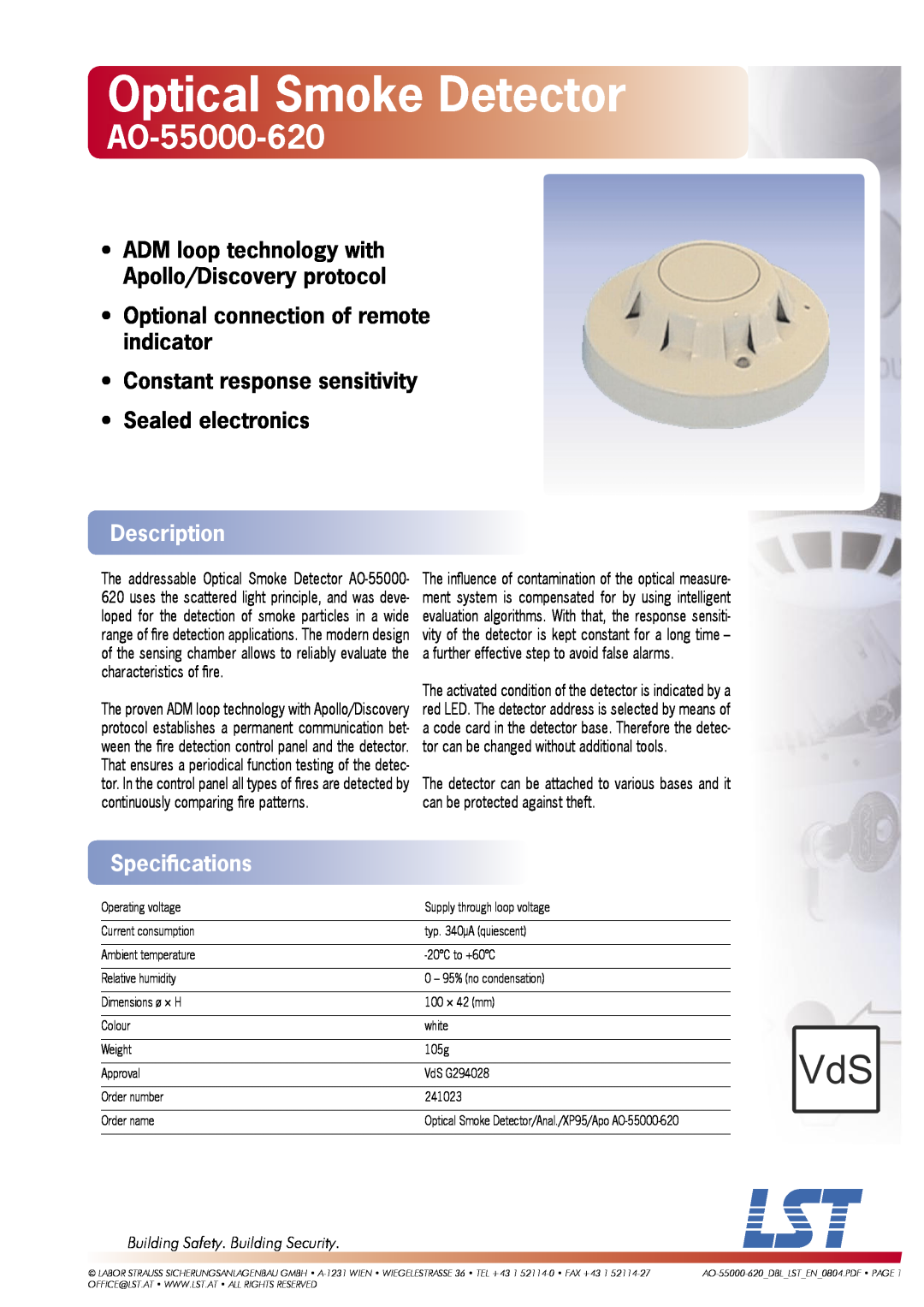 LST AO-55000-620 specifications Optical Smoke Detector, Optional connection of remote indicator, Sealed electronics 