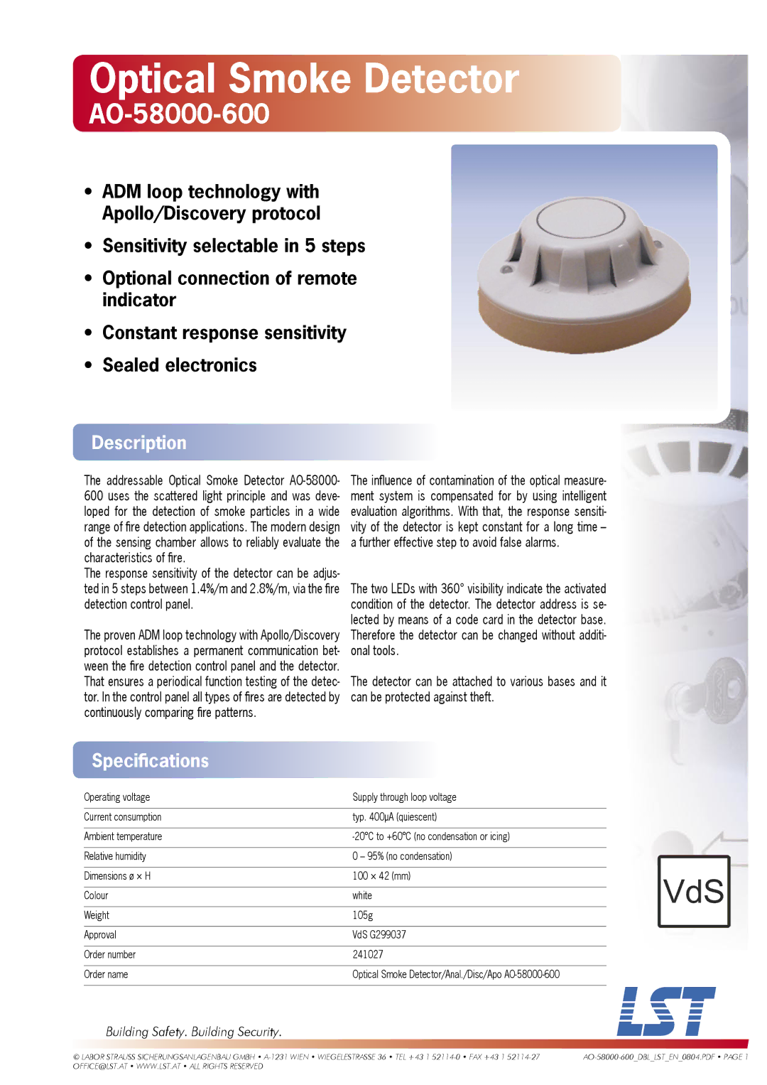 LST AO-58000-600 specifications Optical Smoke Detector, Description, Speciﬁcations, Building Safety. Building Security 