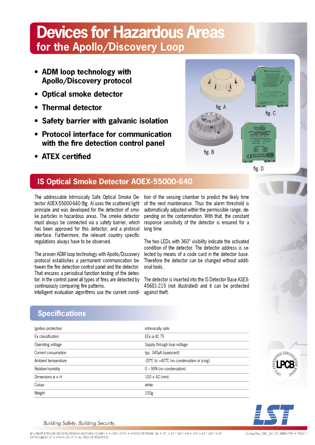 LST specifications Is Optical Smoke Detector AOEX-55000-640, Speciﬁcations 