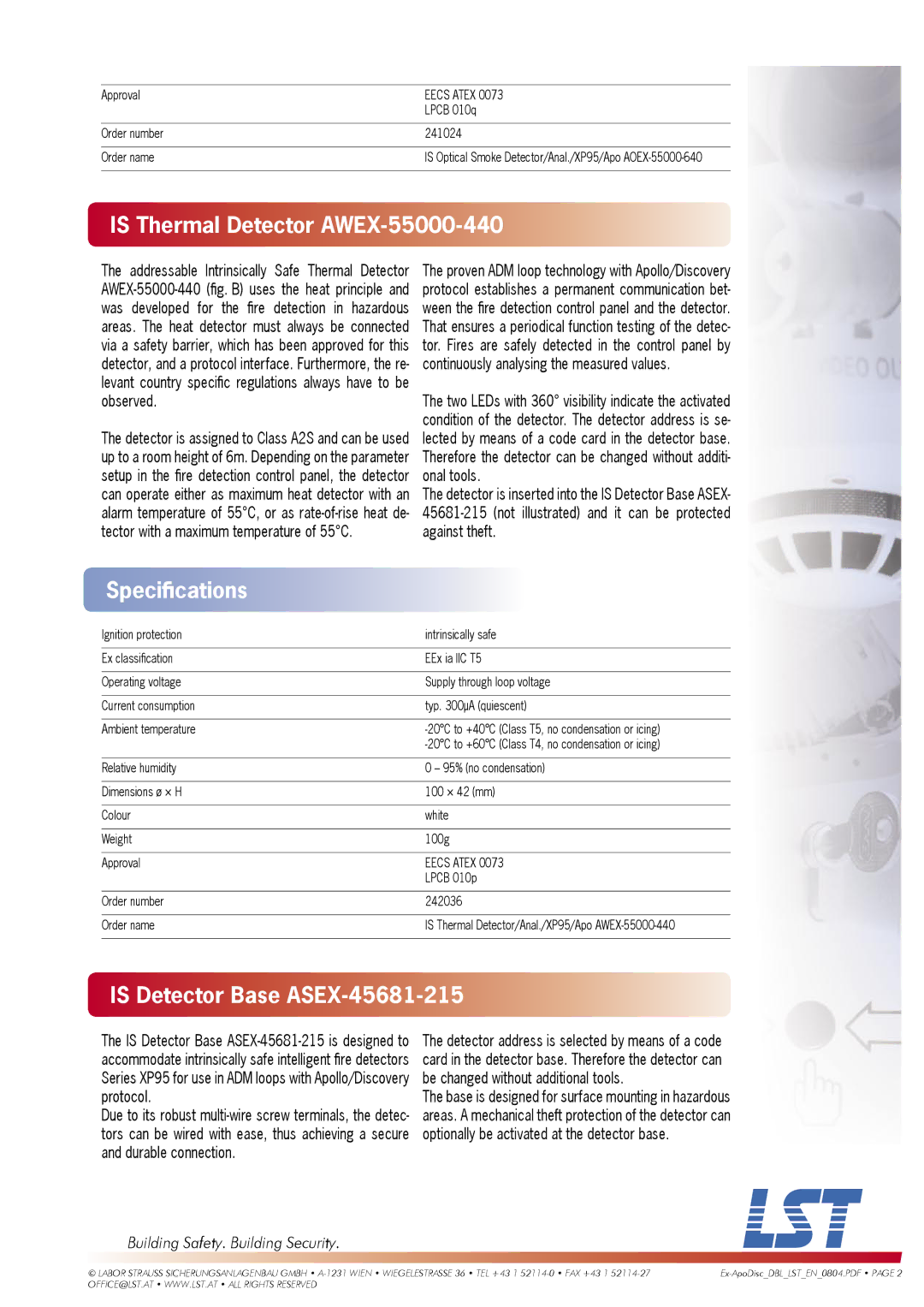 LST AOEX-55000-640 specifications Is Thermal Detector AWEX-55000-440, Is Detector Base ASEX-45681-215 