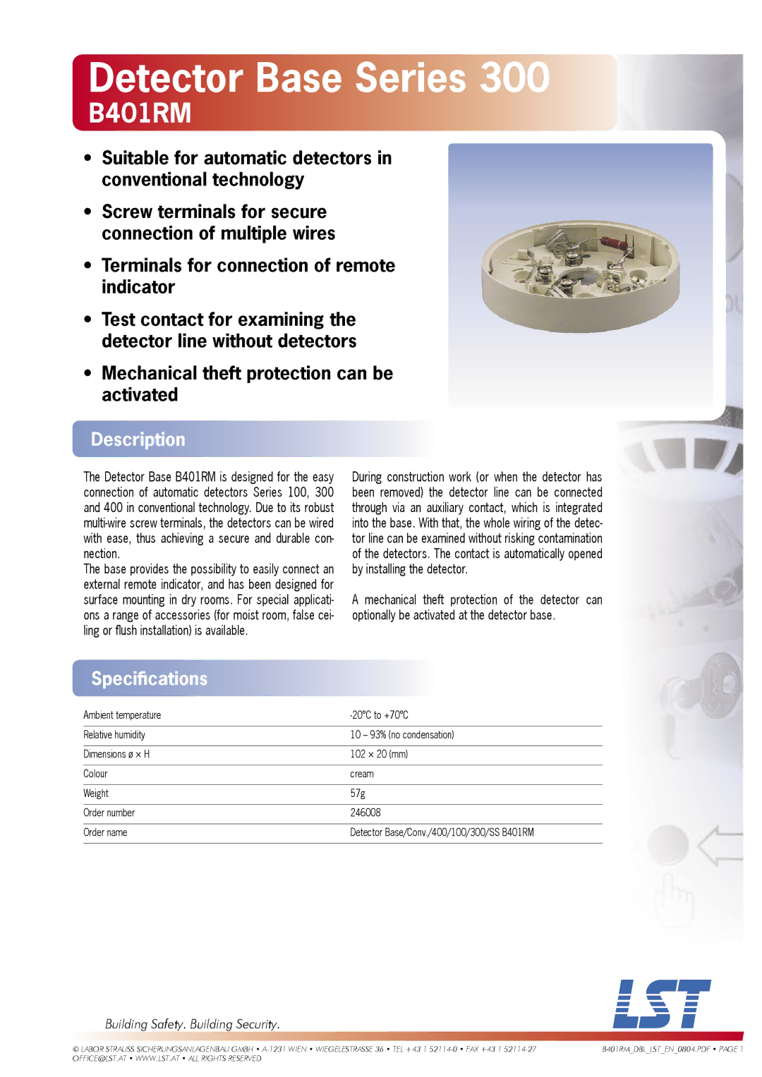 LST B401RM specifications Detector Base Series, Description, Speciﬁcations, Building Safety. Building Security 