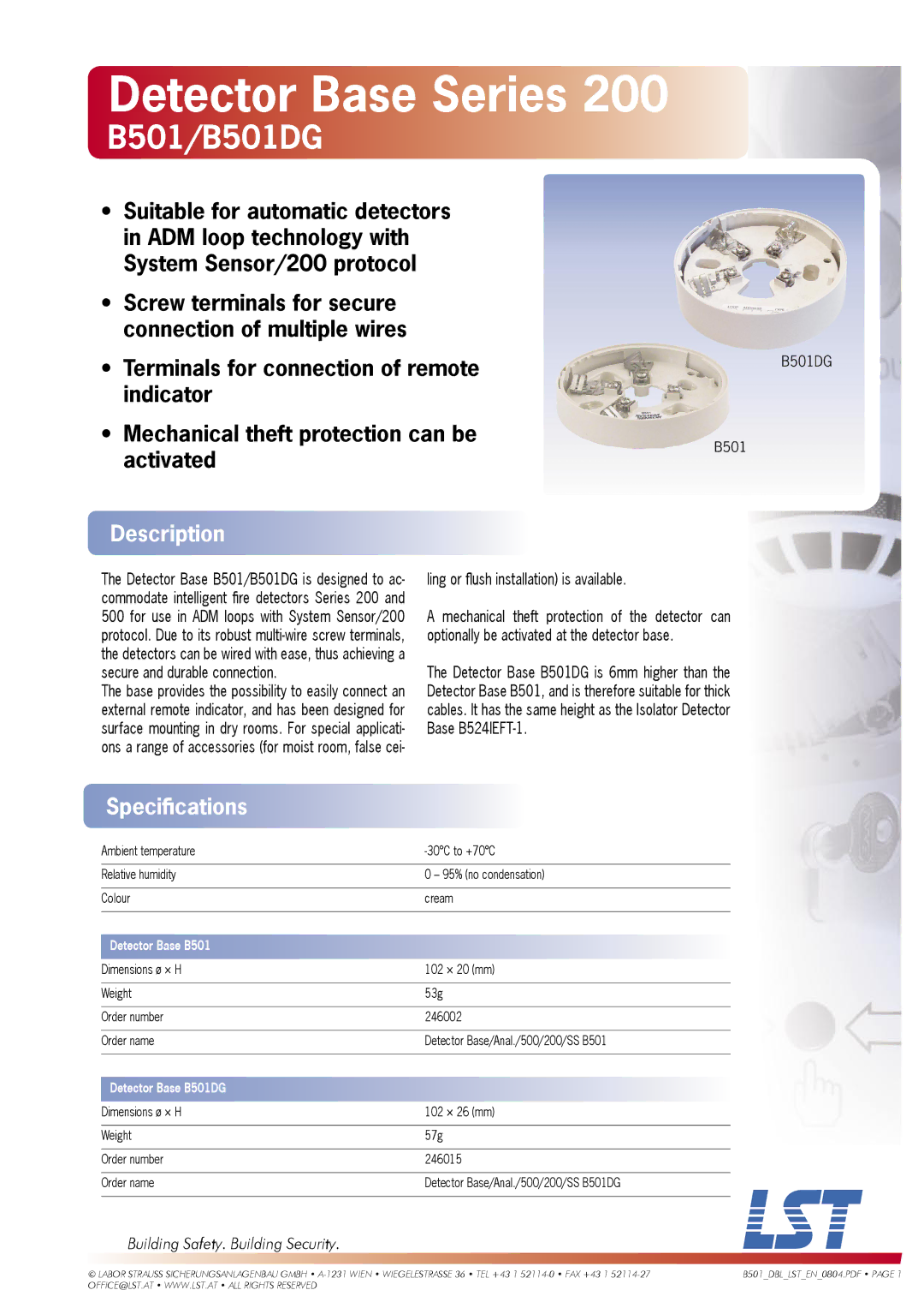 LST 200 Series specifications Detector Base Series, B501/B501DG, Description, Speciﬁcations 