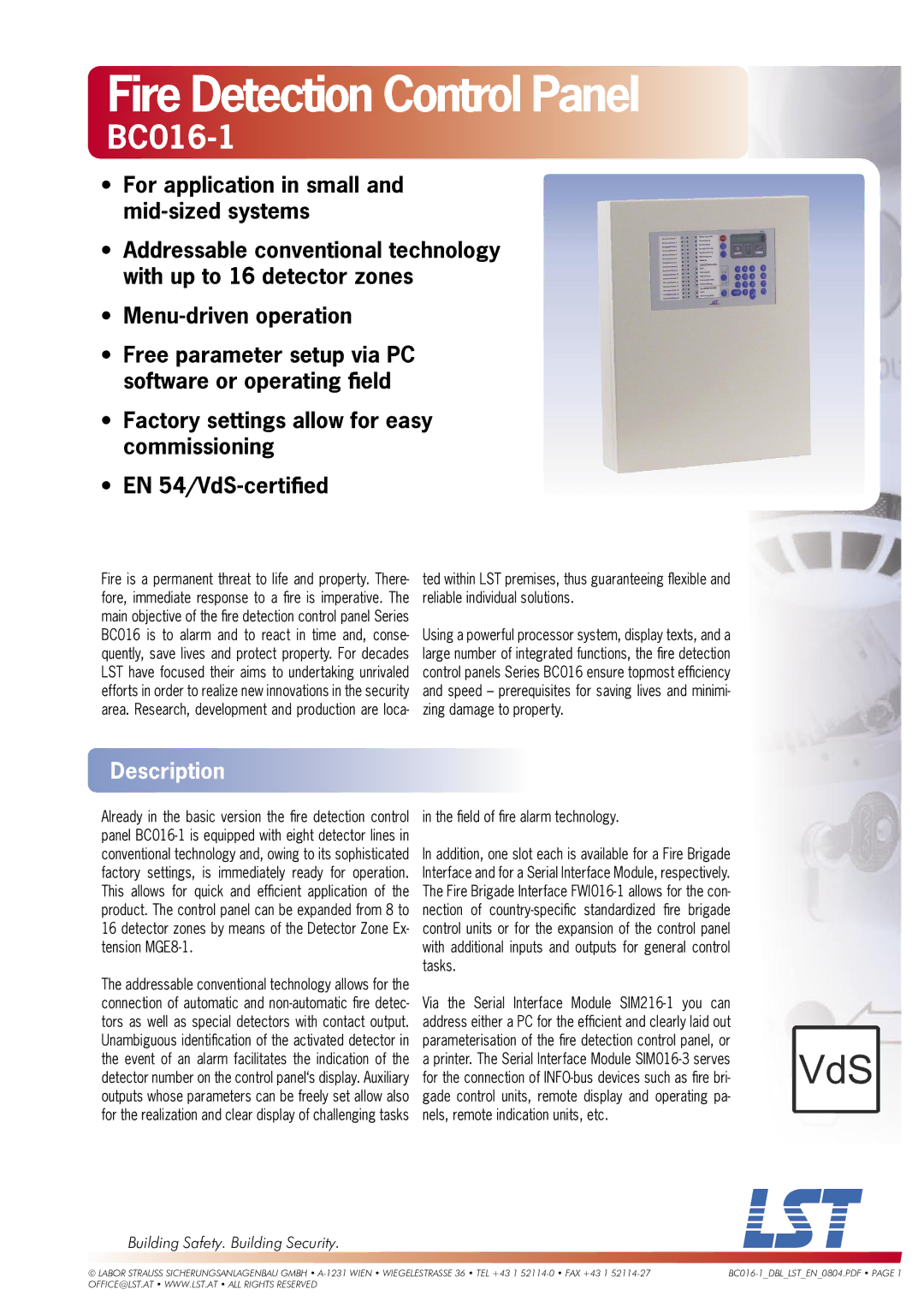 LST BC016-1 manual Fire Detection Control Panel, Description, ﬁ eld of ﬁ re alarm technology 