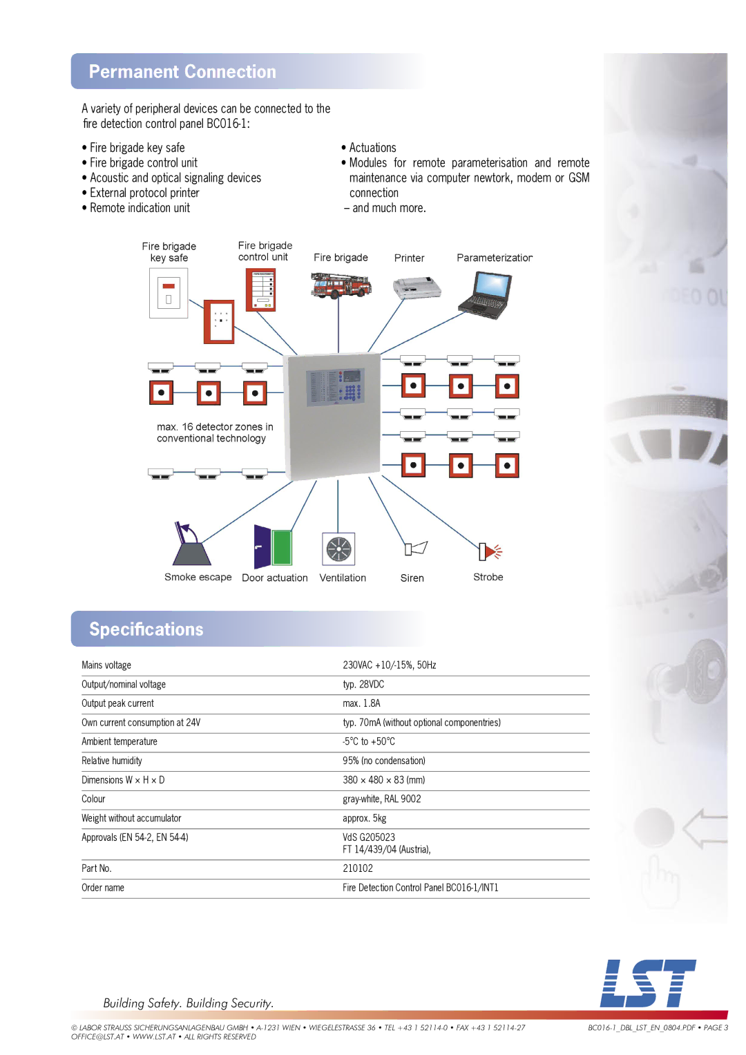 LST BC016-1 manual Permanent Connection, Speciﬁcations 