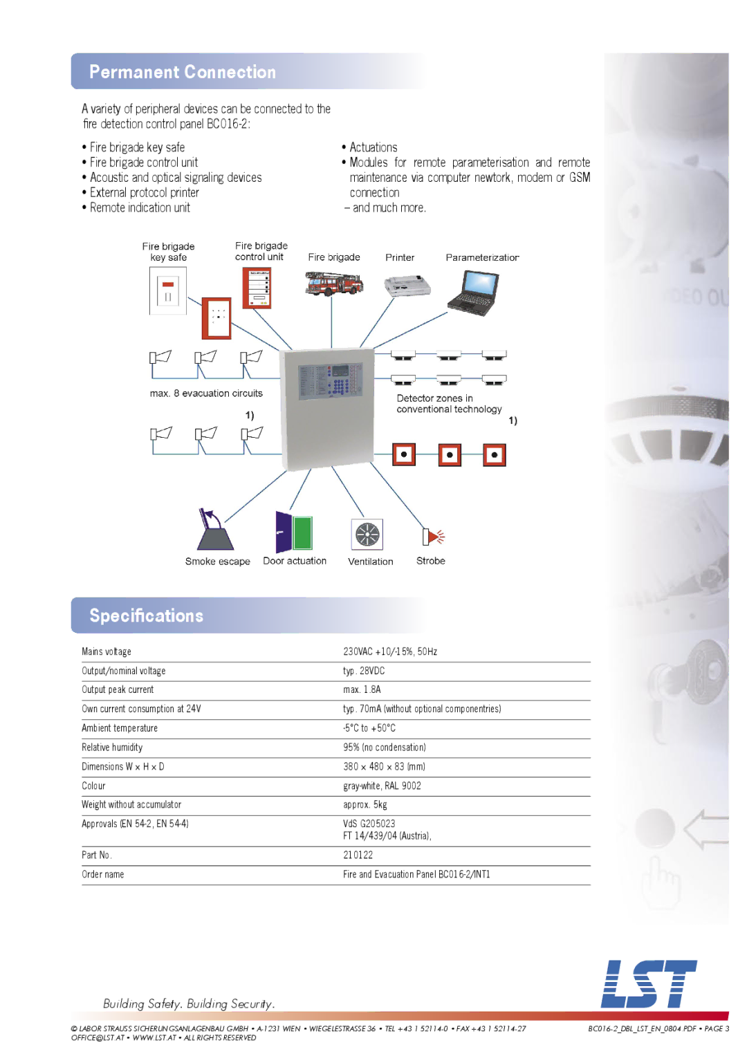 LST BC016-2 manual Permanent Connection, Speciﬁcations 