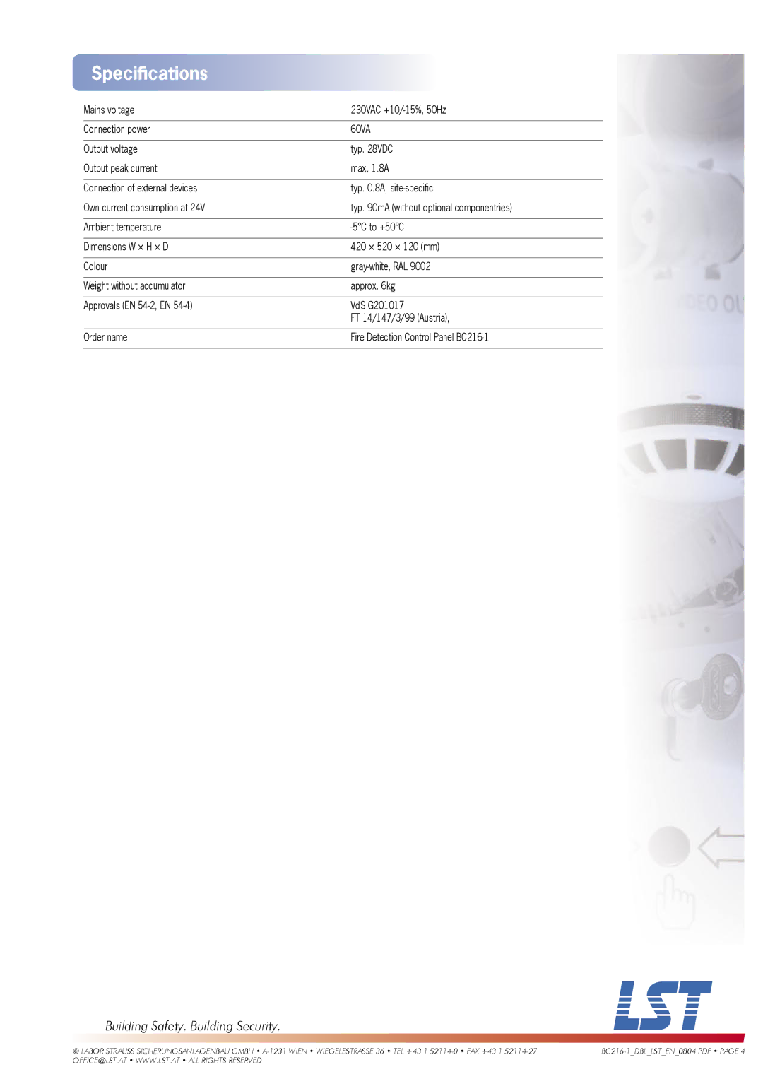 LST BC216-1 manual Speciﬁcations 