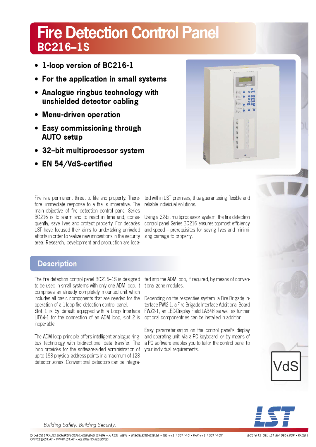 LST BC216-1S manual Fire Detection Control Panel, Description, Building Safety. Building Security 