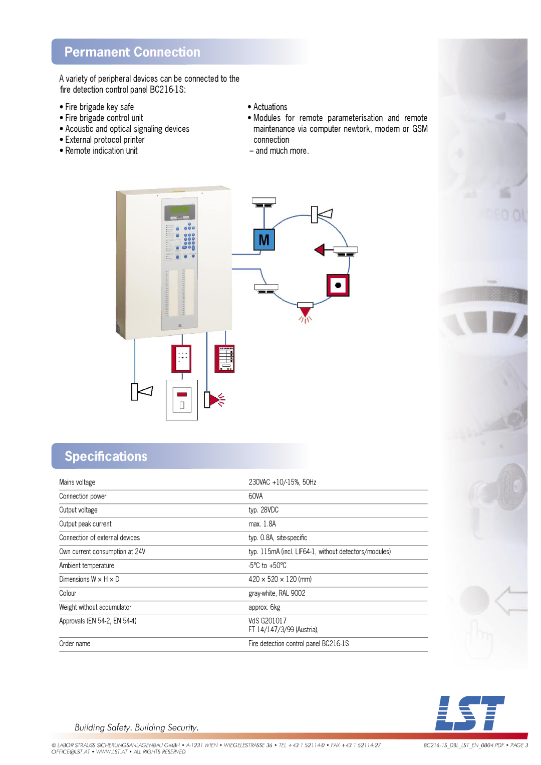 LST BC216-1S manual Permanent Connection, Speciﬁcations 