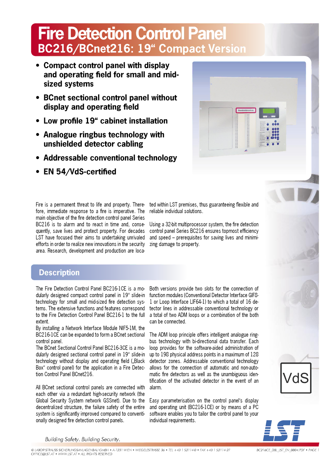 LST BCnet216: 19 manual Fire Detection Control Panel, Description 