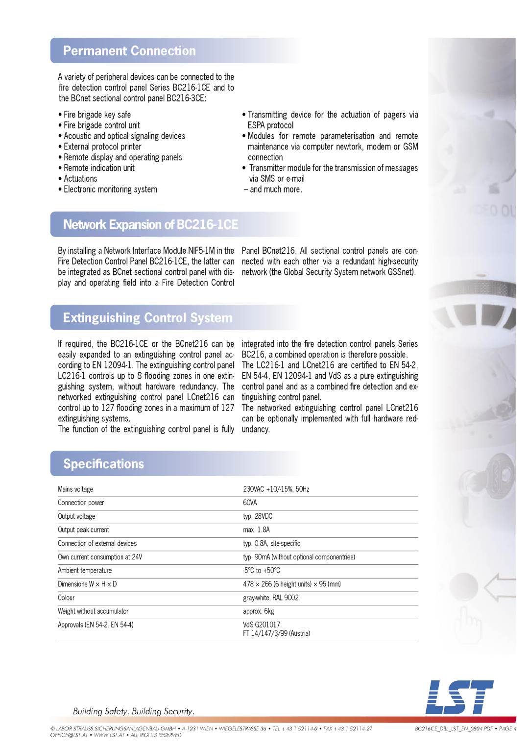 LST BCnet216: 19 manual Permanent Connection, Network Expansion of BC216-1CE, Extinguishing Control System, Speciﬁcations 