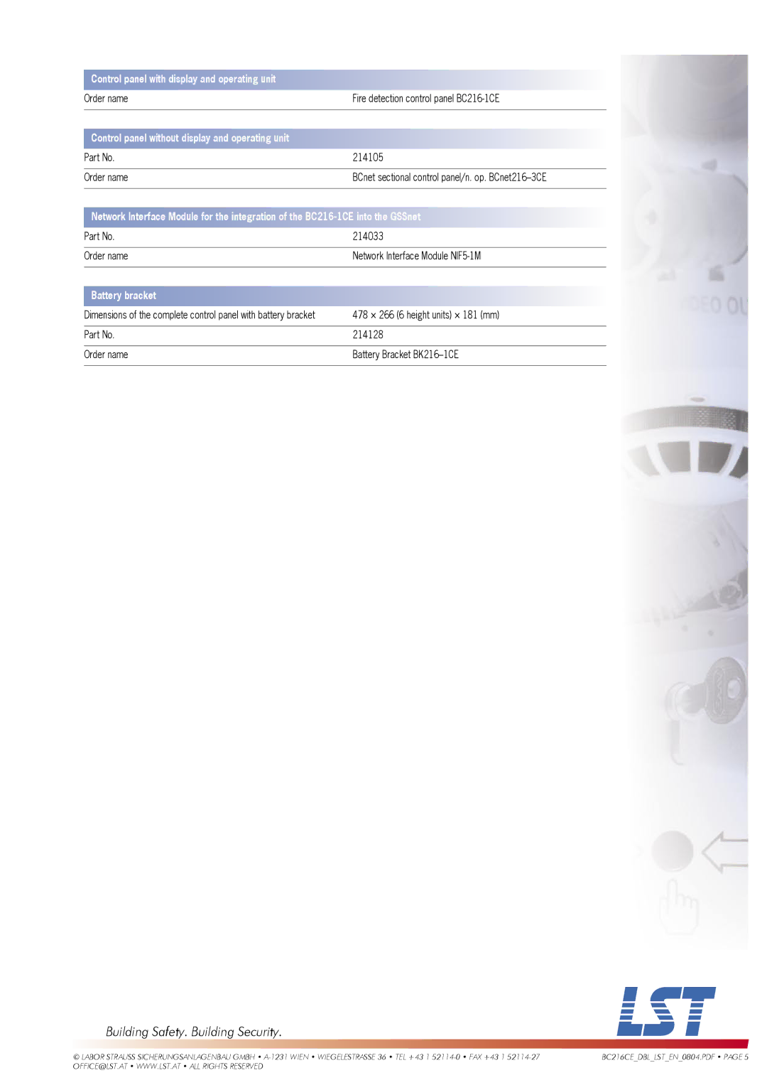 LST BCnet216: 19 manual Control panel with display and operating unit 