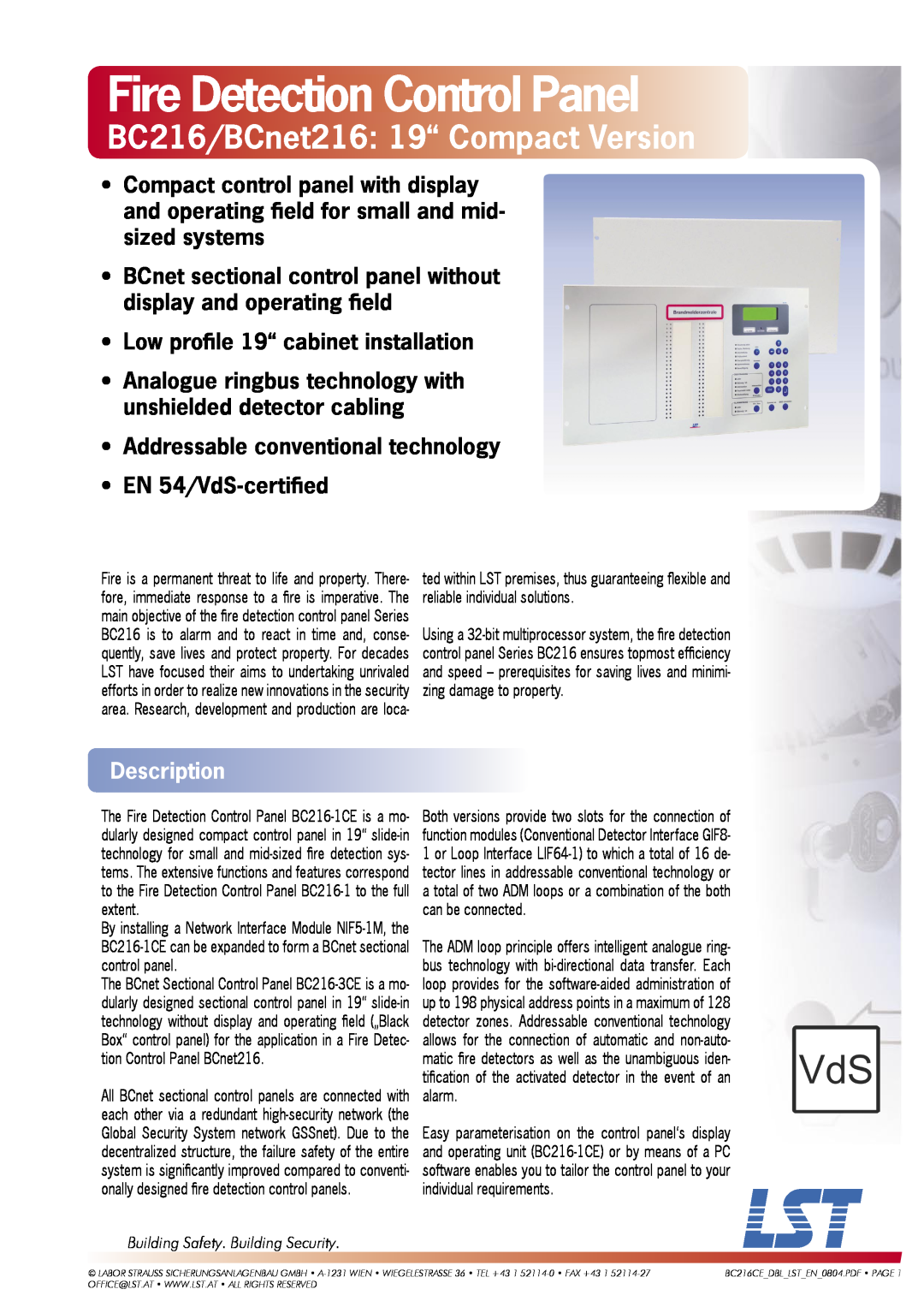 LST BCnet216: 19 manual Description, Fire Detection Control Panel, BC216/BCnet216 19“ Compact Version, EN 54/VdS-certiﬁed 