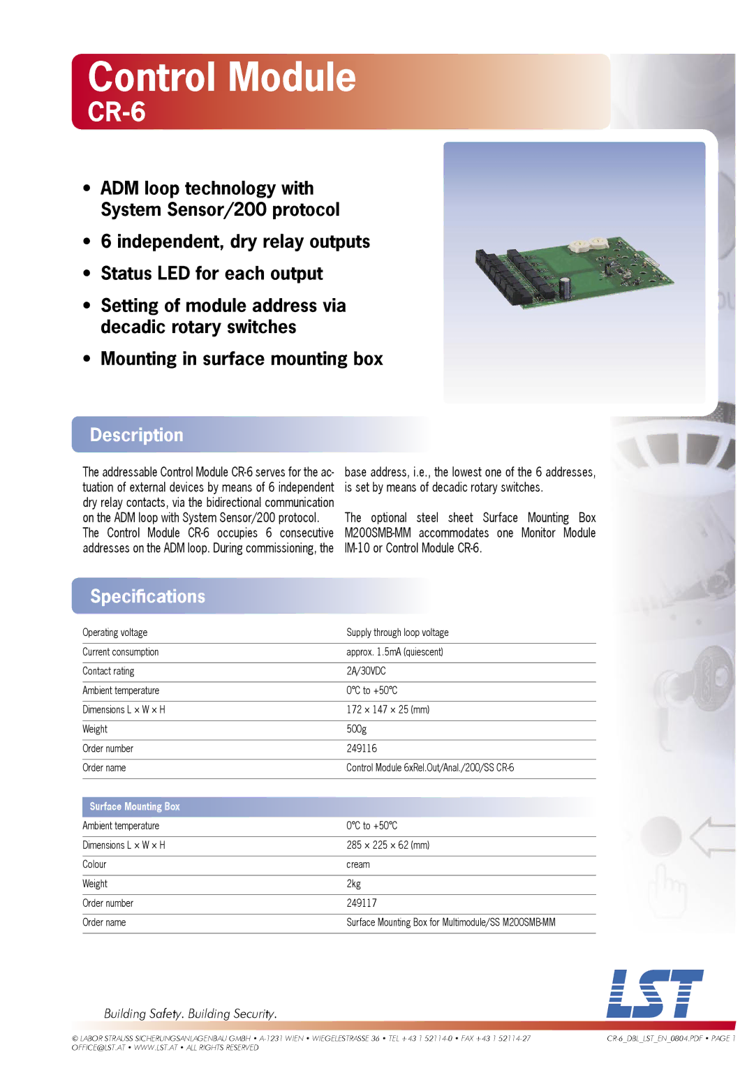 LST CR-6 specifications Control Module, Description, Speciﬁcations, Building Safety. Building Security 