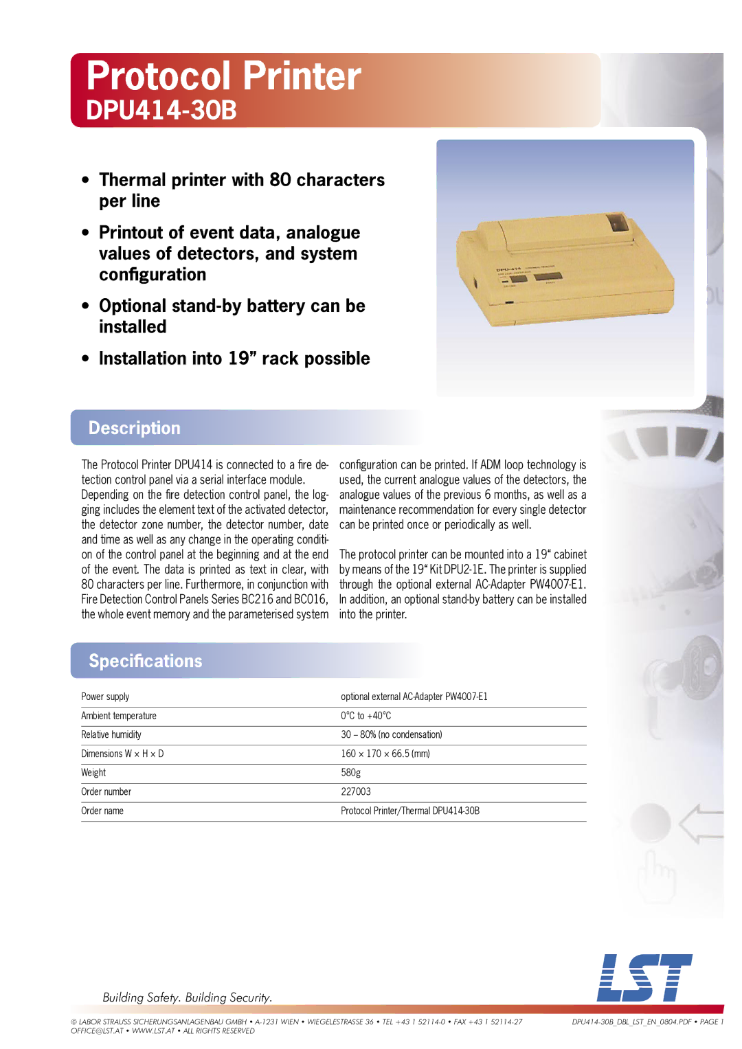 LST DPU414-30B specifications Protocol Printer, Description, Speciﬁcations, Building Safety. Building Security 