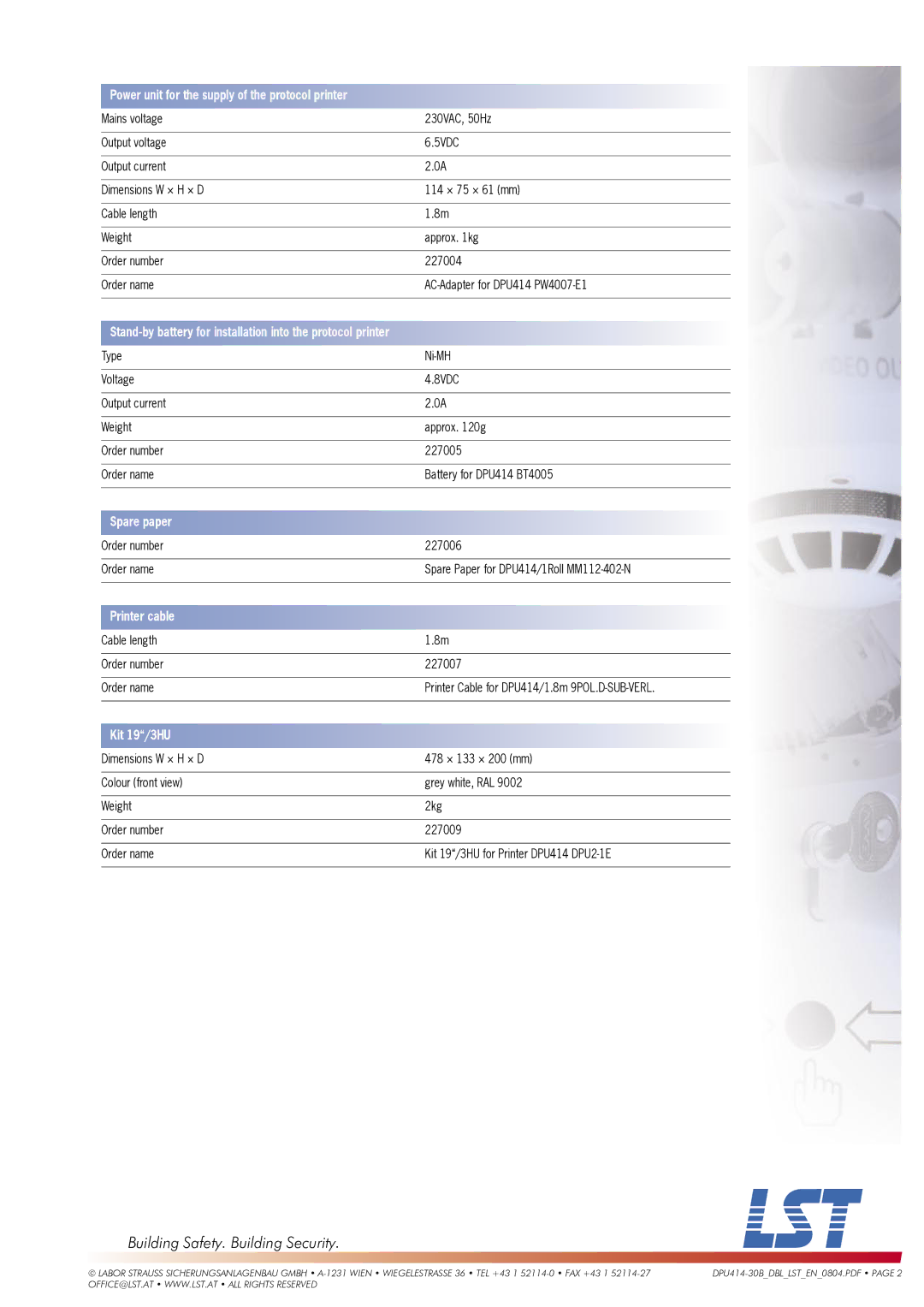 LST DPU414-30B specifications Spare paper, Printer cable, Kit 19/3HU 