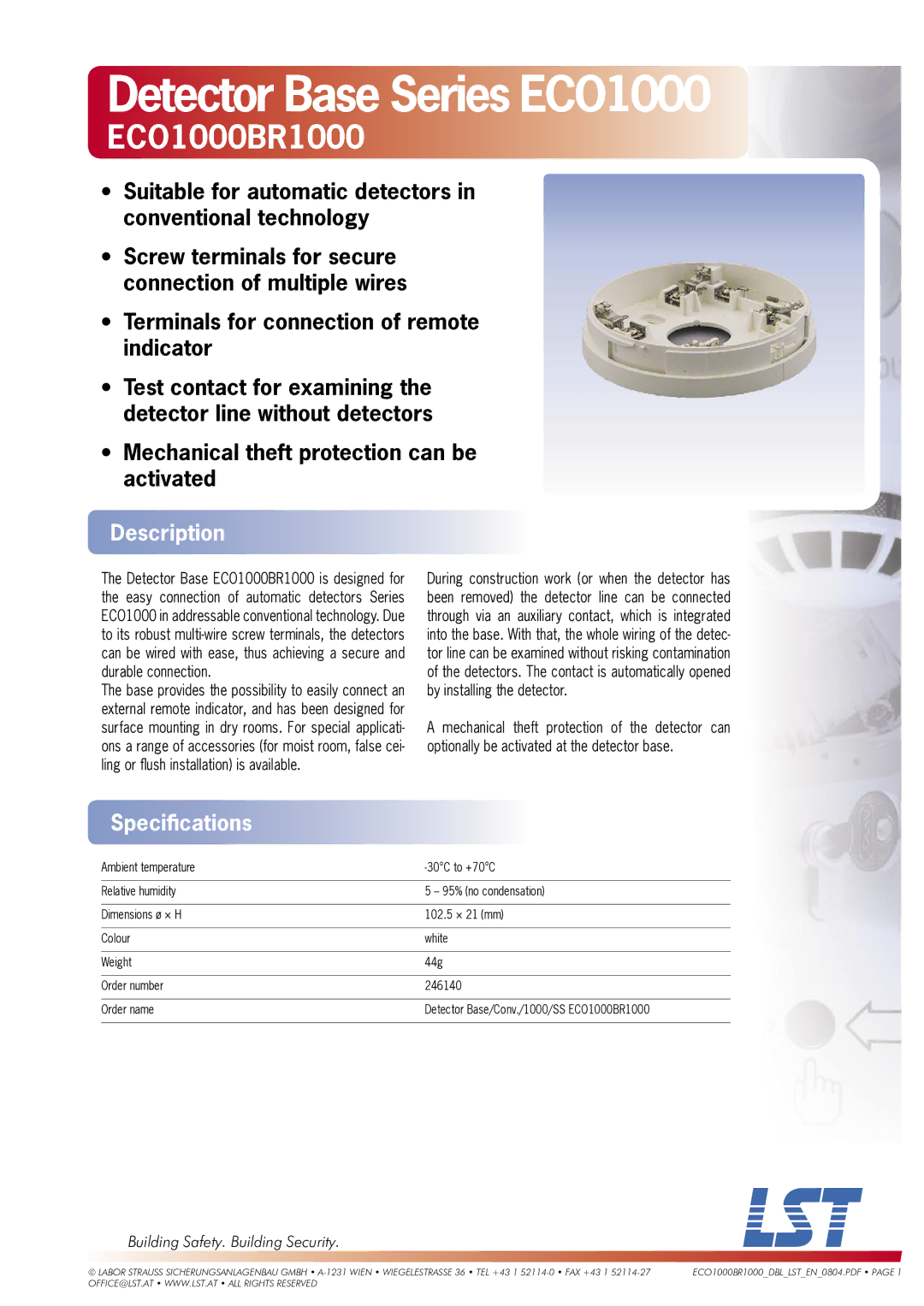 LST ECO1000BR1000 specifications Detector Base Series ECO1000, Description, Speciﬁcations 