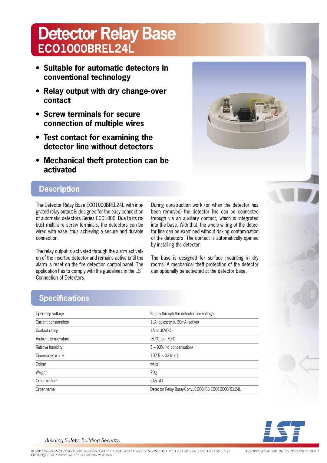 LST ECO1000BREL24L specifications Detector Relay Base, Description, Speciﬁcations, Building Safety. Building Security 