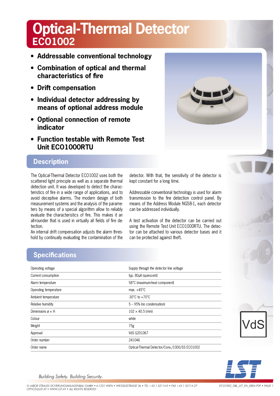 LST ECO1002 specifications Optical-Thermal Detector, Description, Speciﬁcations, Building Safety. Building Security 