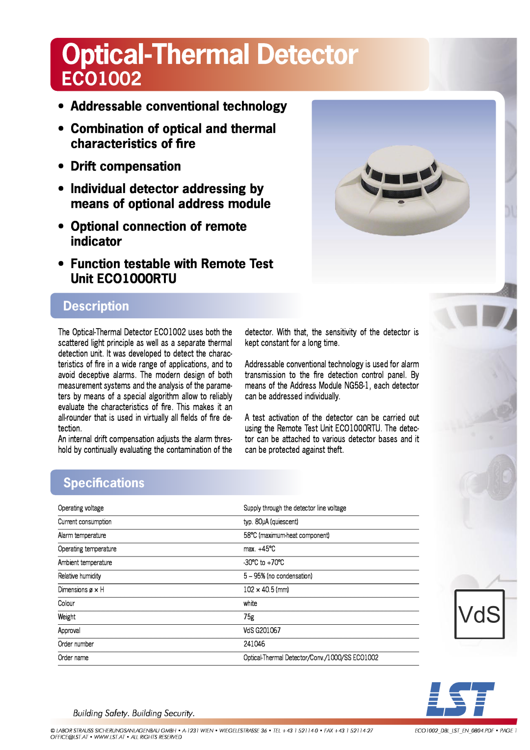 LST ECO1002 specifications Optical-ThermalDetector, Addressable conventional technology, Drift compensation, Description 