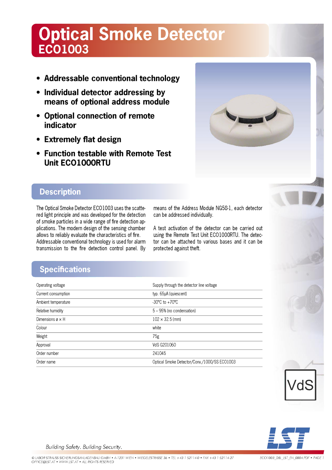 LST ECO1003 specifications Optical Smoke Detector, Description, Speciﬁcations, Building Safety. Building Security 