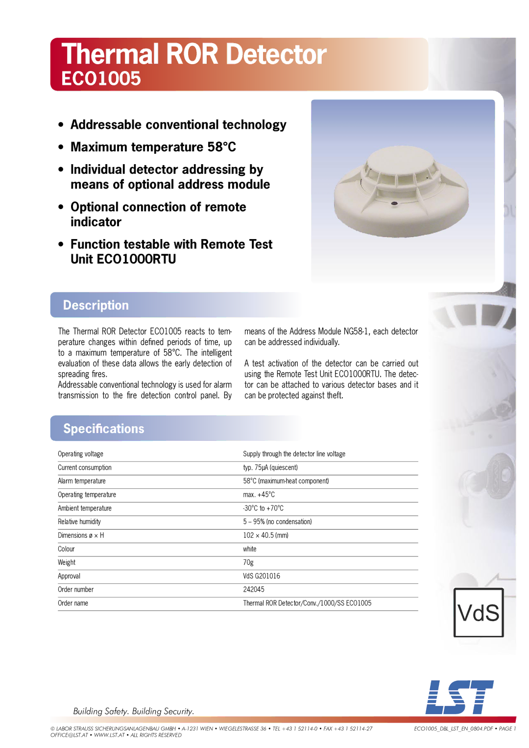 LST ECO1005 specifications Thermal ROR Detector, Description, Speciﬁcations, Building Safety. Building Security 