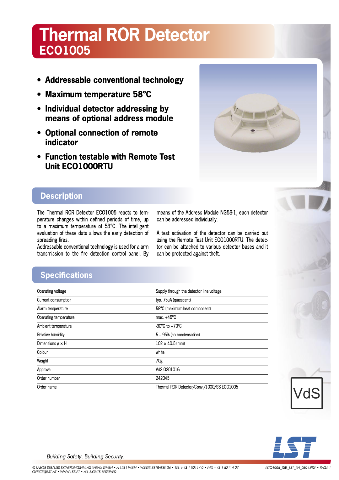 LST ECO1005 specifications Thermal ROR Detector, Addressable conventional technology, Maximum temperature 58C, Description 