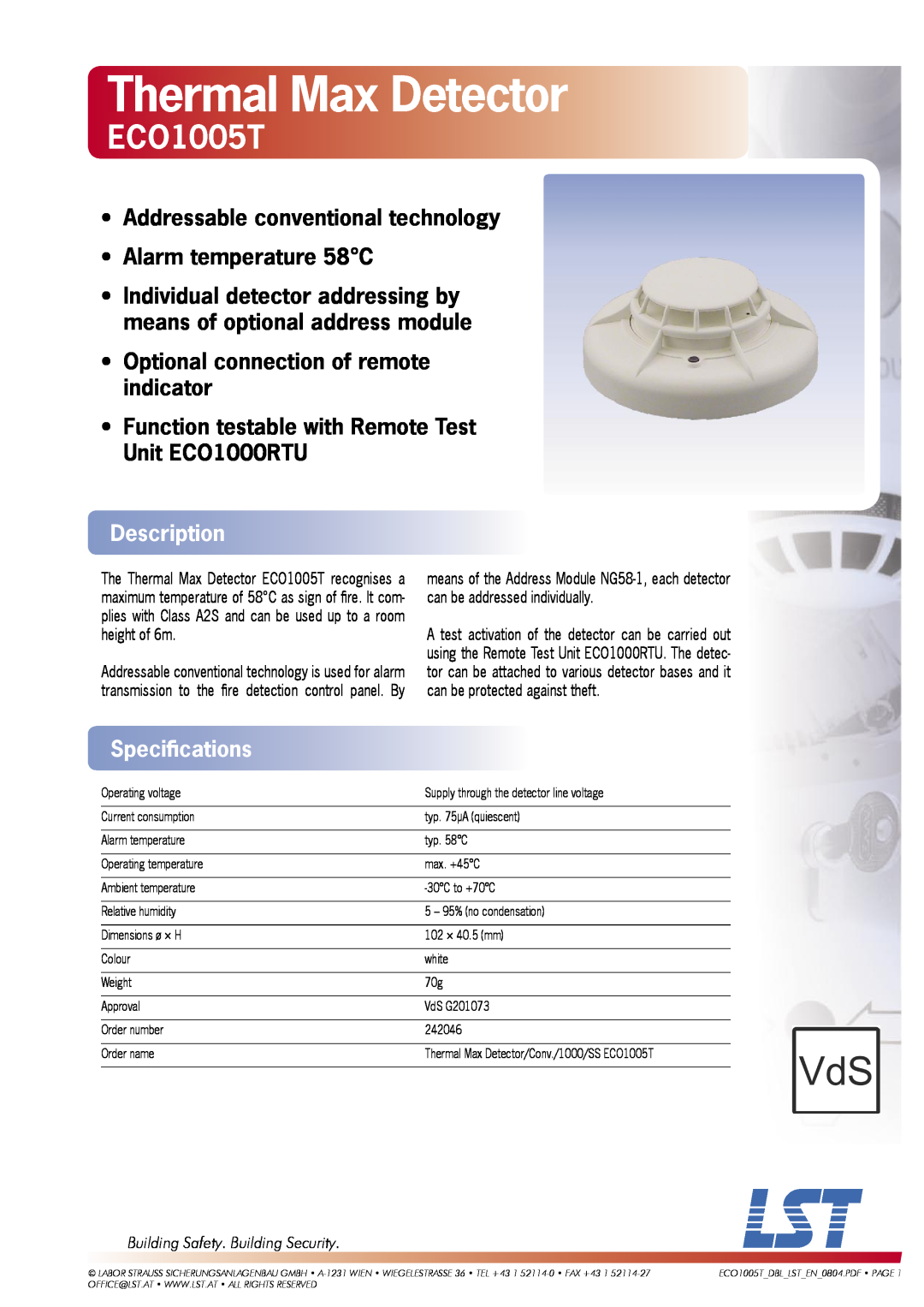 LST ECO1005T specifications Thermal Max Detector, Addressable conventional technology, Alarm temperature 58C, Description 
