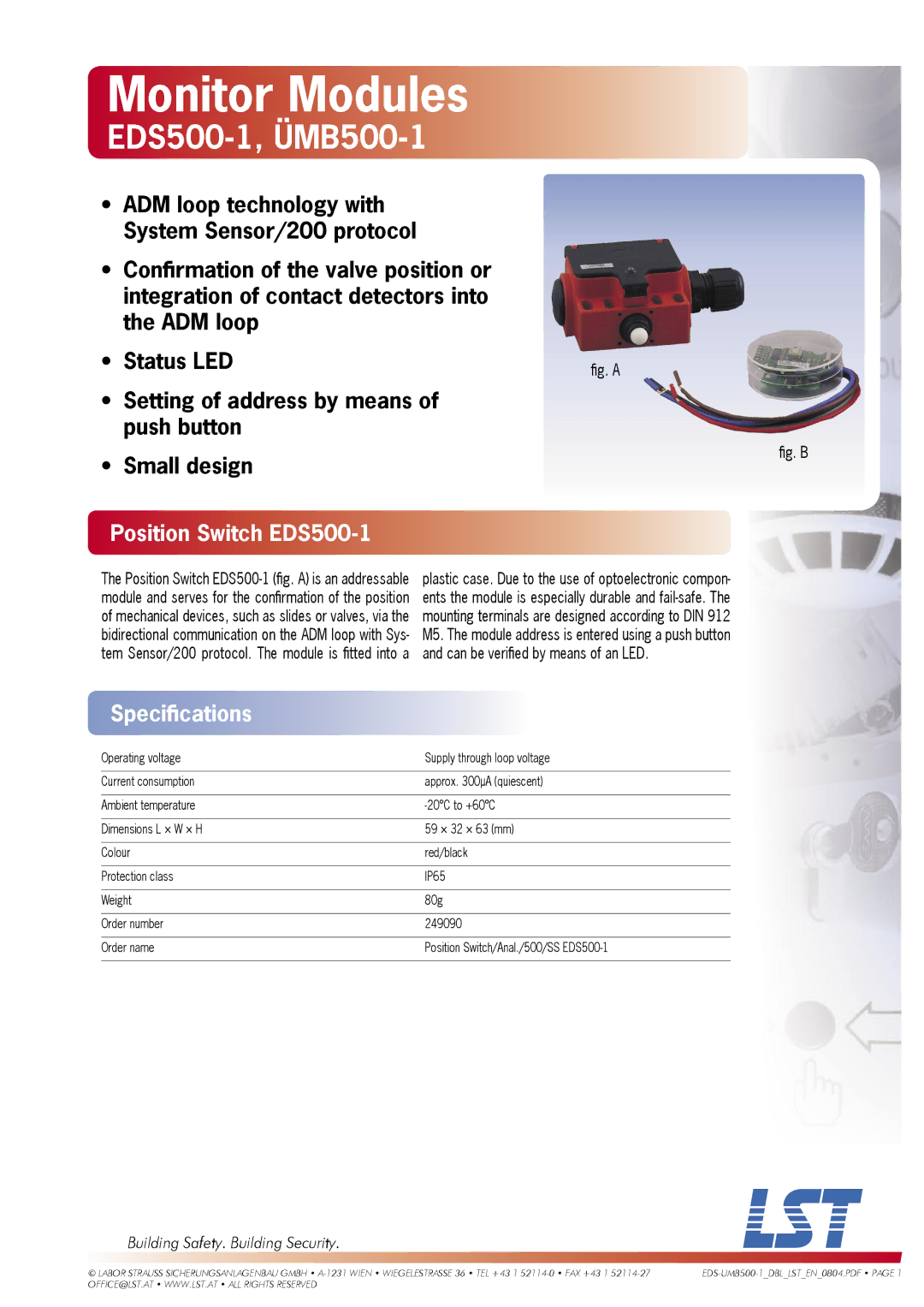 LST UMB500-1 specifications Monitor Modules, EDS500-1, ÜMB500-1, Position Switch EDS500-1, Speciﬁcations 