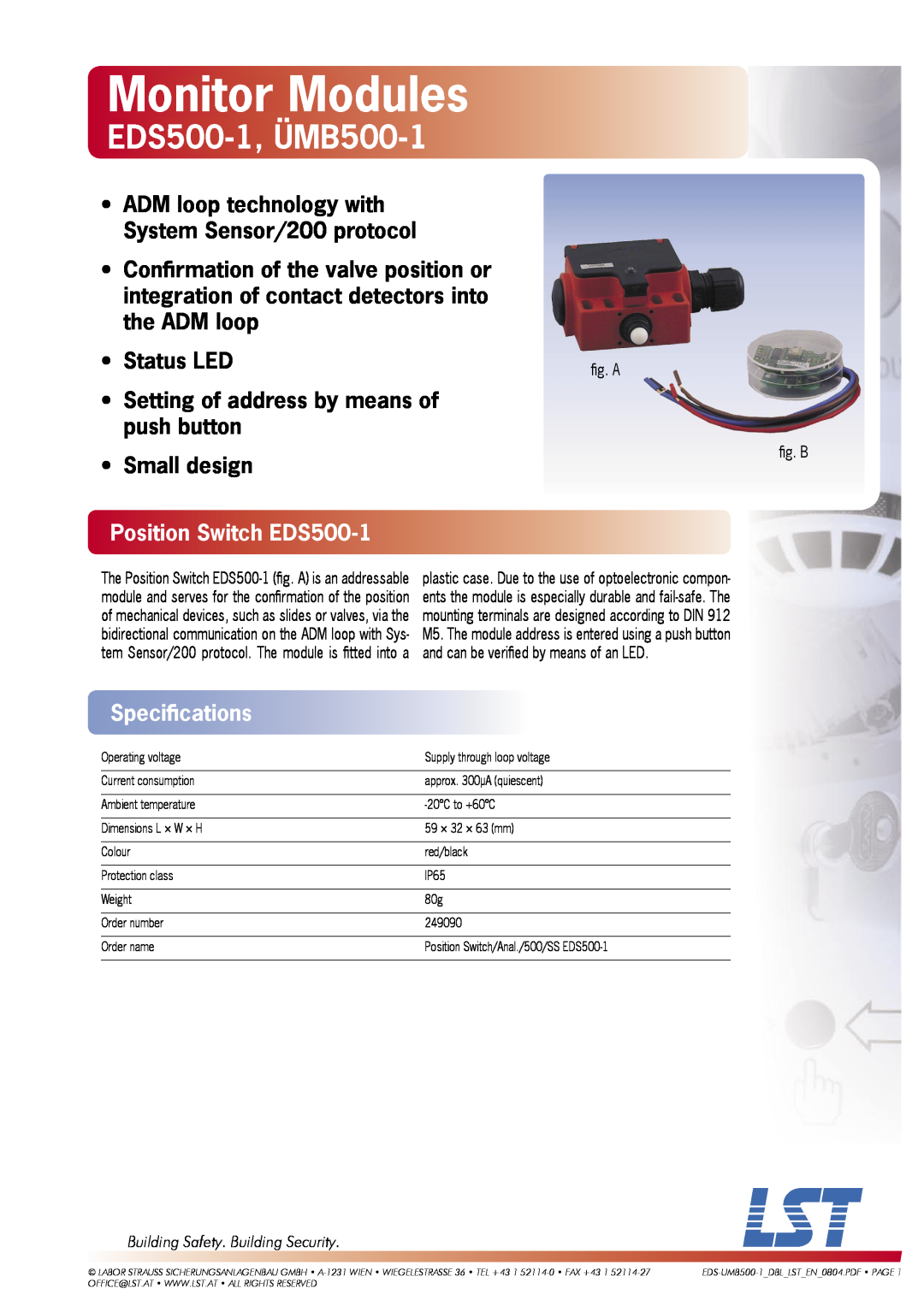 LST UMB500-1 specifications Position Switch EDS500-1, Speciﬁcations, Building Safety. Building Security, Monitor Modules 
