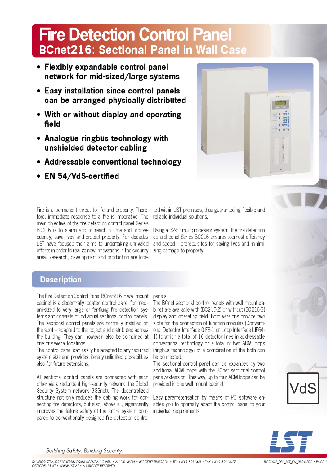 LST EN 54, EN 12094-1 manual Fire Detection Control Panel, Description 