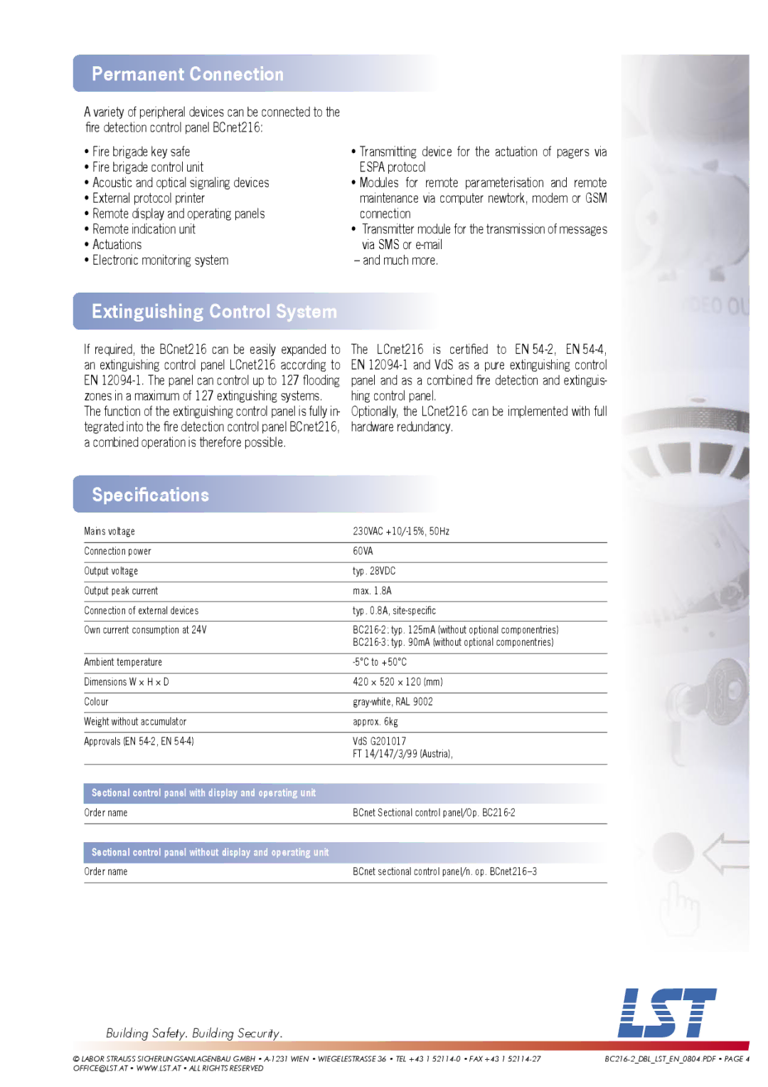 LST EN 12094-1, EN 54 manual Permanent Connection, Speciﬁcations 