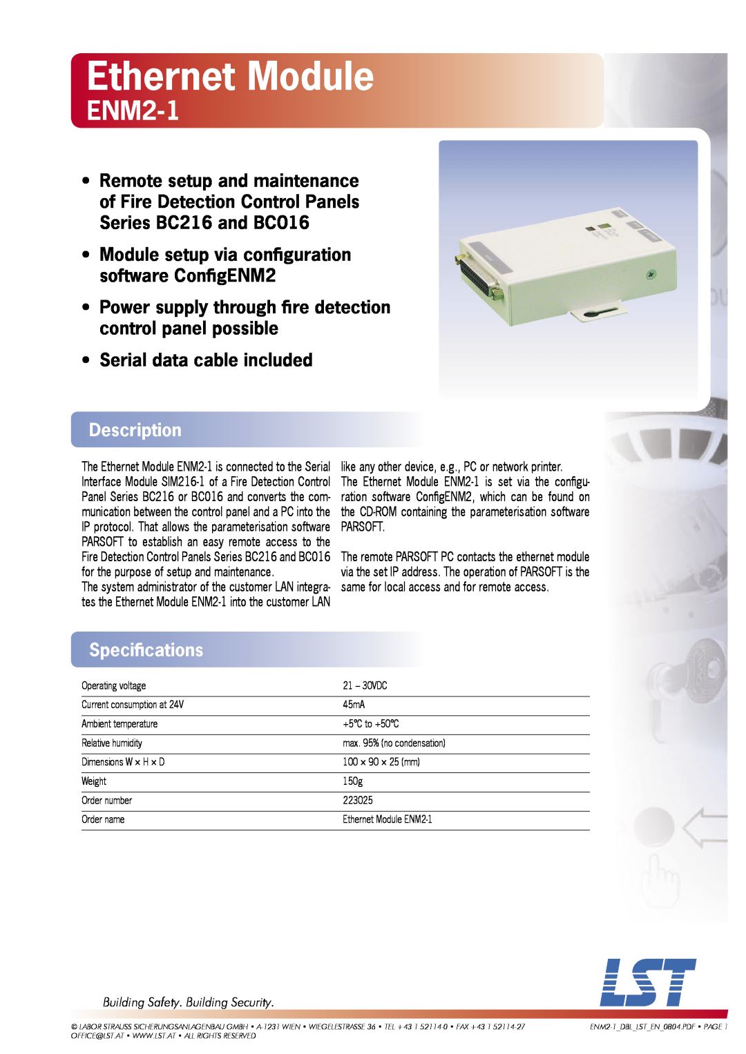 LST ENM2-1 specifications Ethernet Module, Power supply through ﬁre detection control panel possible, Description, Parsoft 