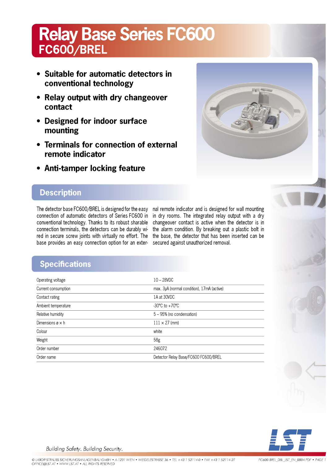 LST FC600/BREL specifications Relay Base Series FC600, Description, Speciﬁcations, Building Safety. Building Security 