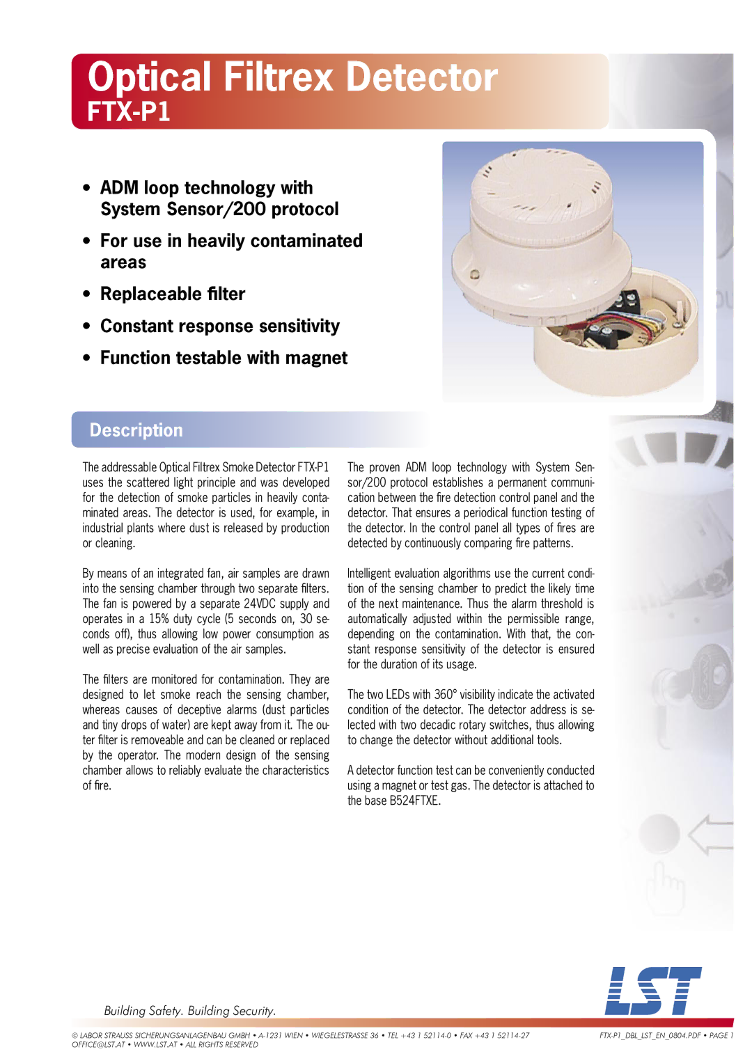 LST FTX-P1 manual Optical Filtrex Detector, Description 