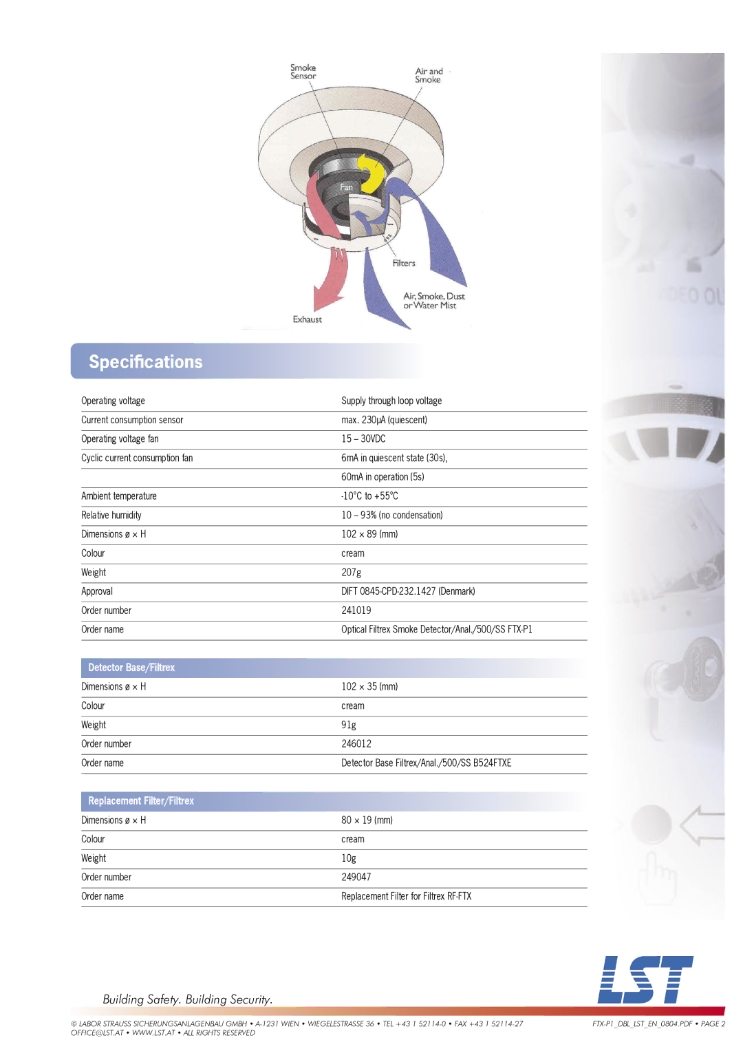 LST FTX-P1 manual Speciﬁcations, Detector Base/Filtrex, Replacement Filter/Filtrex 