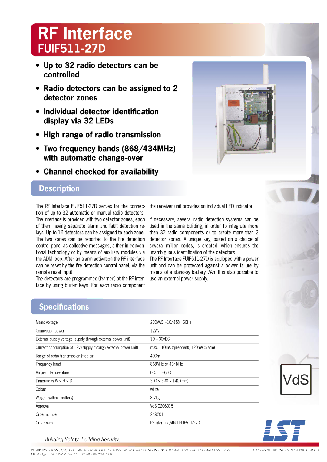 LST FUIF511-27D specifications RF Interface, Description, Speciﬁcations 