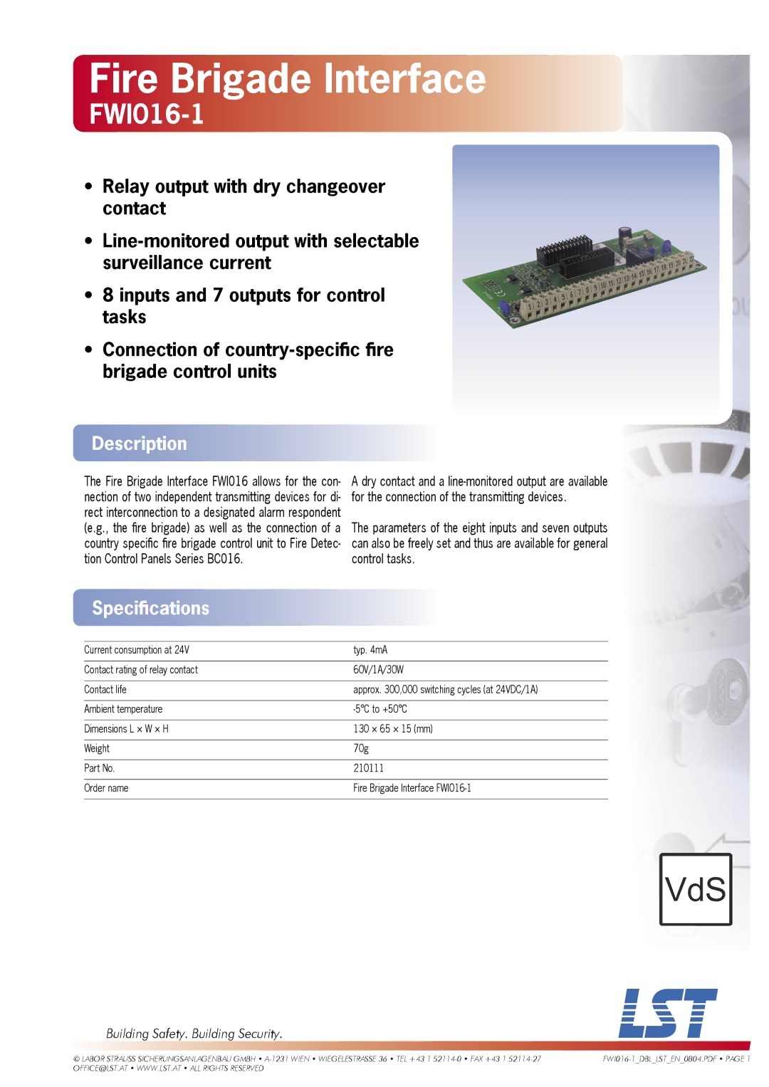 LST FWI016-1 specifications Fire Brigade Interface, Description, Speciﬁcations, Building Safety. Building Security 