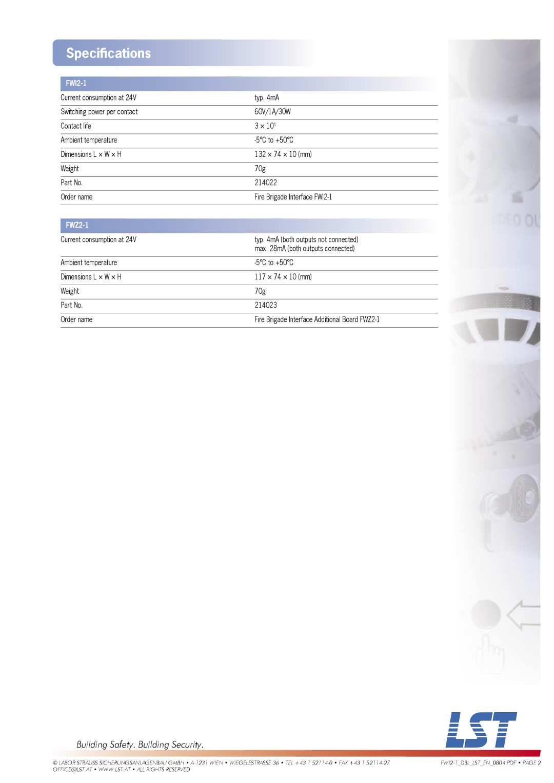 LST FWZ2-1 manual Speciﬁcations, FWI2-1 