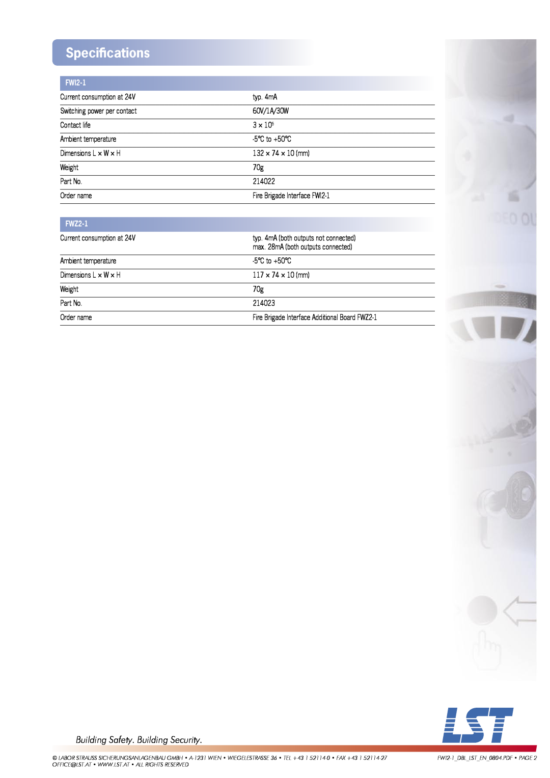 LST FWZ2-1 manual Speciﬁcations, Building Safety. Building Security, FWI2-1 