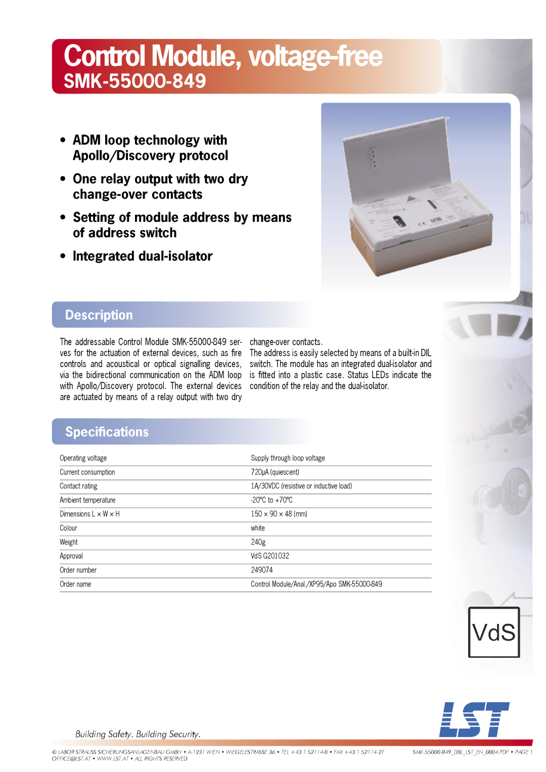 LST SMK-55000-849, G201032, 249074 specifications Control Module, voltage-free, Description, Speciﬁcations 