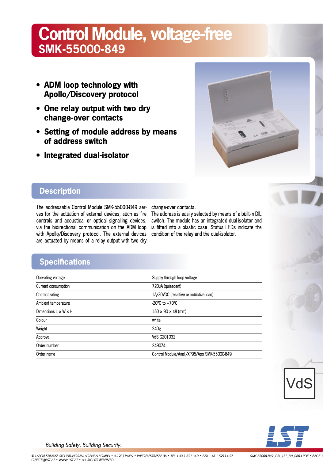 LST SMK-55000-849 specifications Control Module, voltage-free, Integrated dual-isolator, Description, Speciﬁcations 