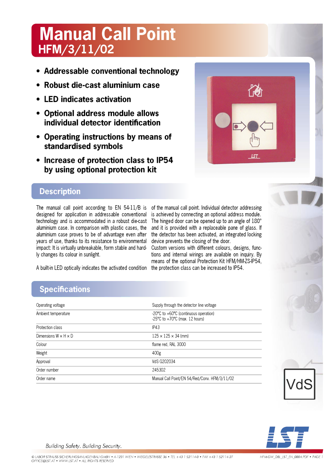 LST HFM/3/11/02, G202034 specifications Manual Call Point, Description, Speciﬁcations, Building Safety. Building Security 