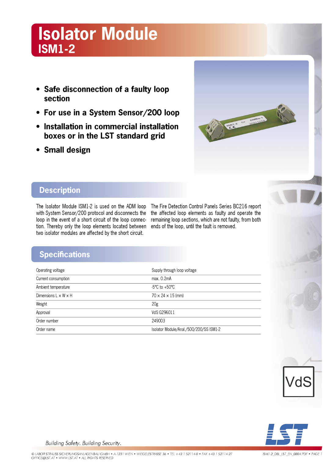 LST ISM1-2, G296011, 249003 specifications Isolator Module, Description, Speciﬁcations, Building Safety. Building Security 