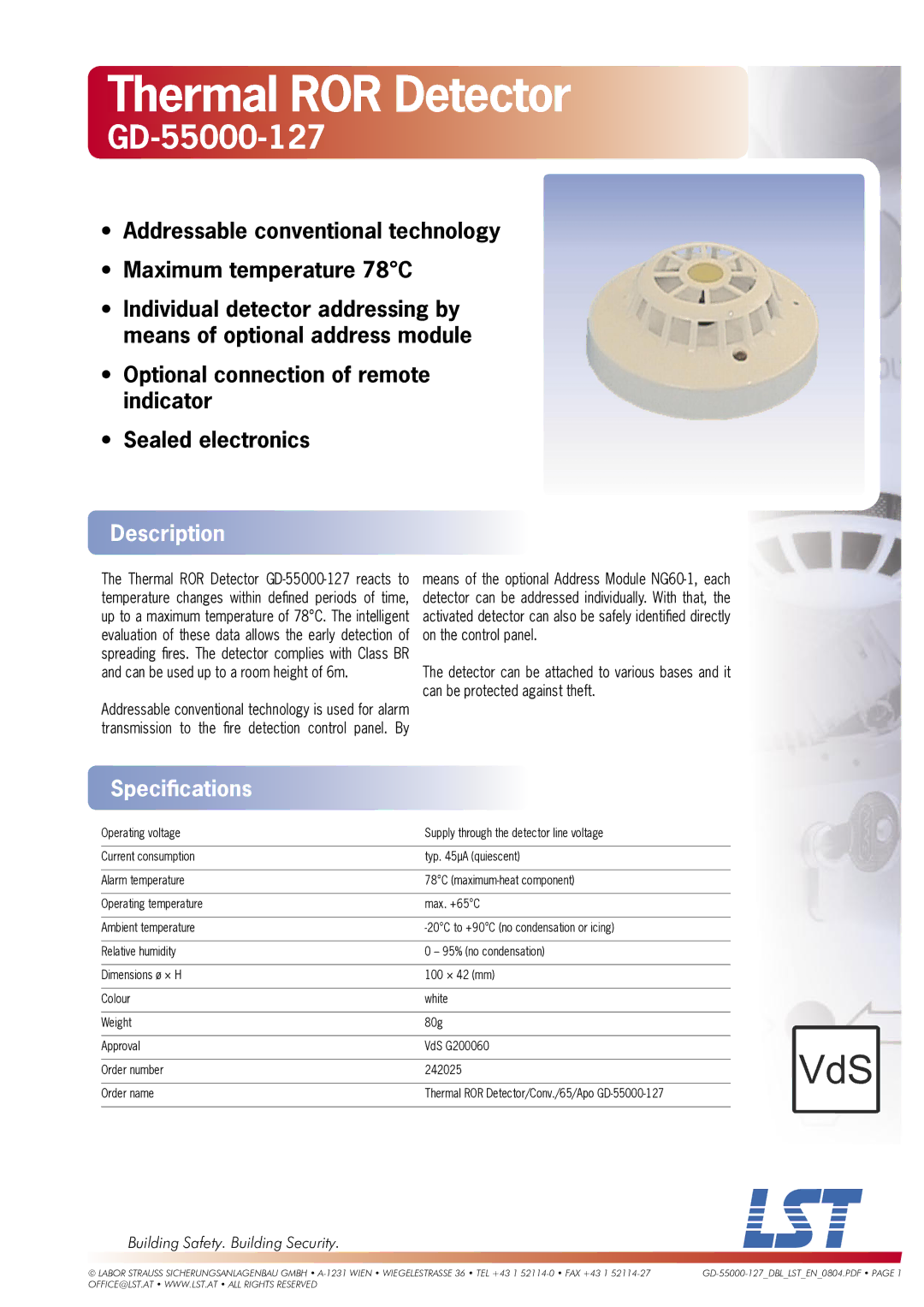 LST GD-55000-127 specifications Thermal ROR Detector, Description, Speciﬁcations, Building Safety. Building Security 