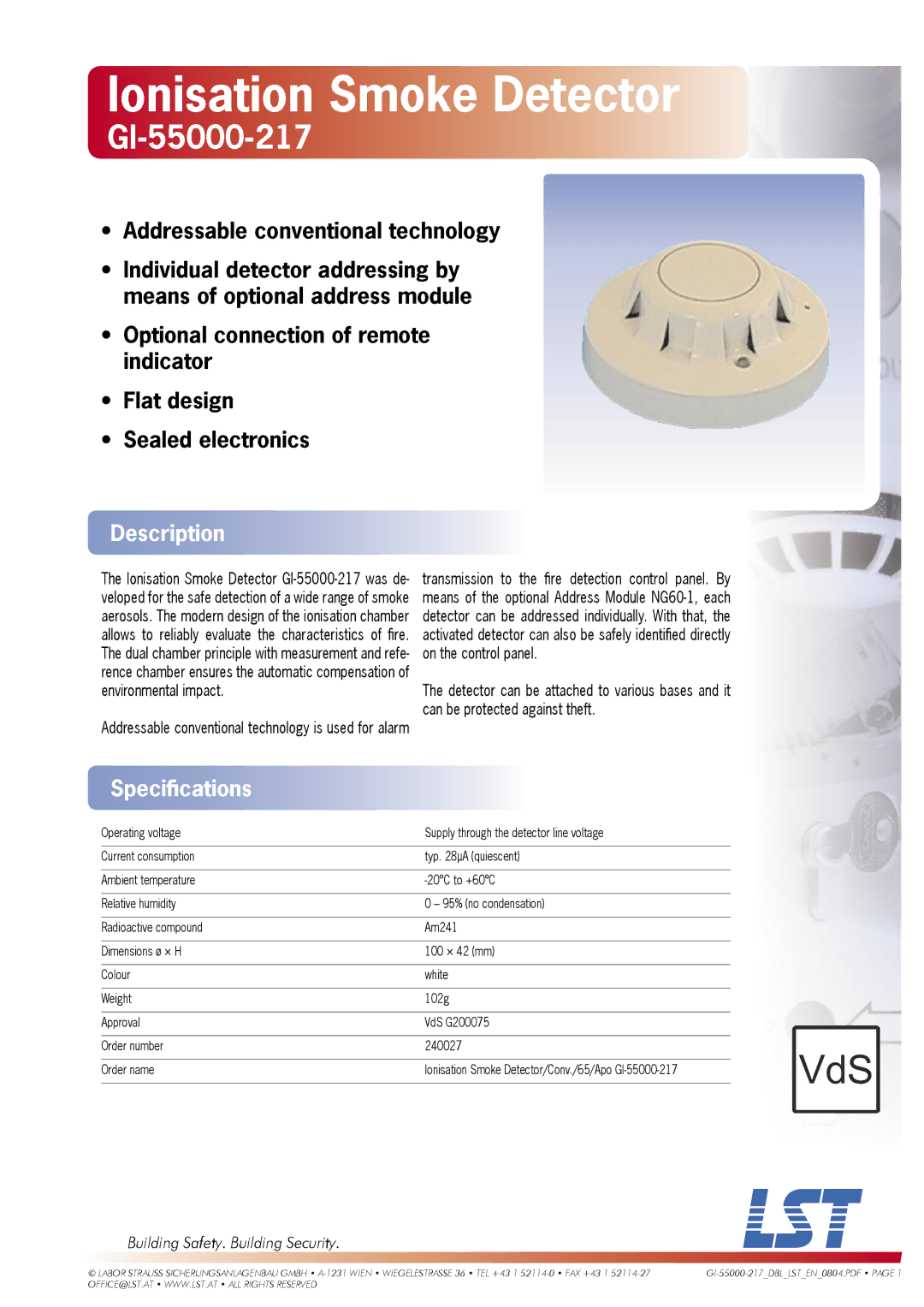 LST GI-55000-217 specifications Ionisation Smoke Detector, Description, Speciﬁcations, Building Safety. Building Security 