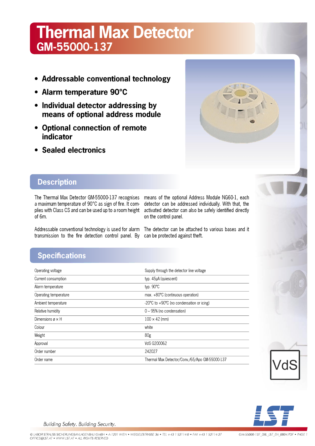 LST GM-55000-137 specifications Thermal Max Detector, Description, Speciﬁcations, Building Safety. Building Security 