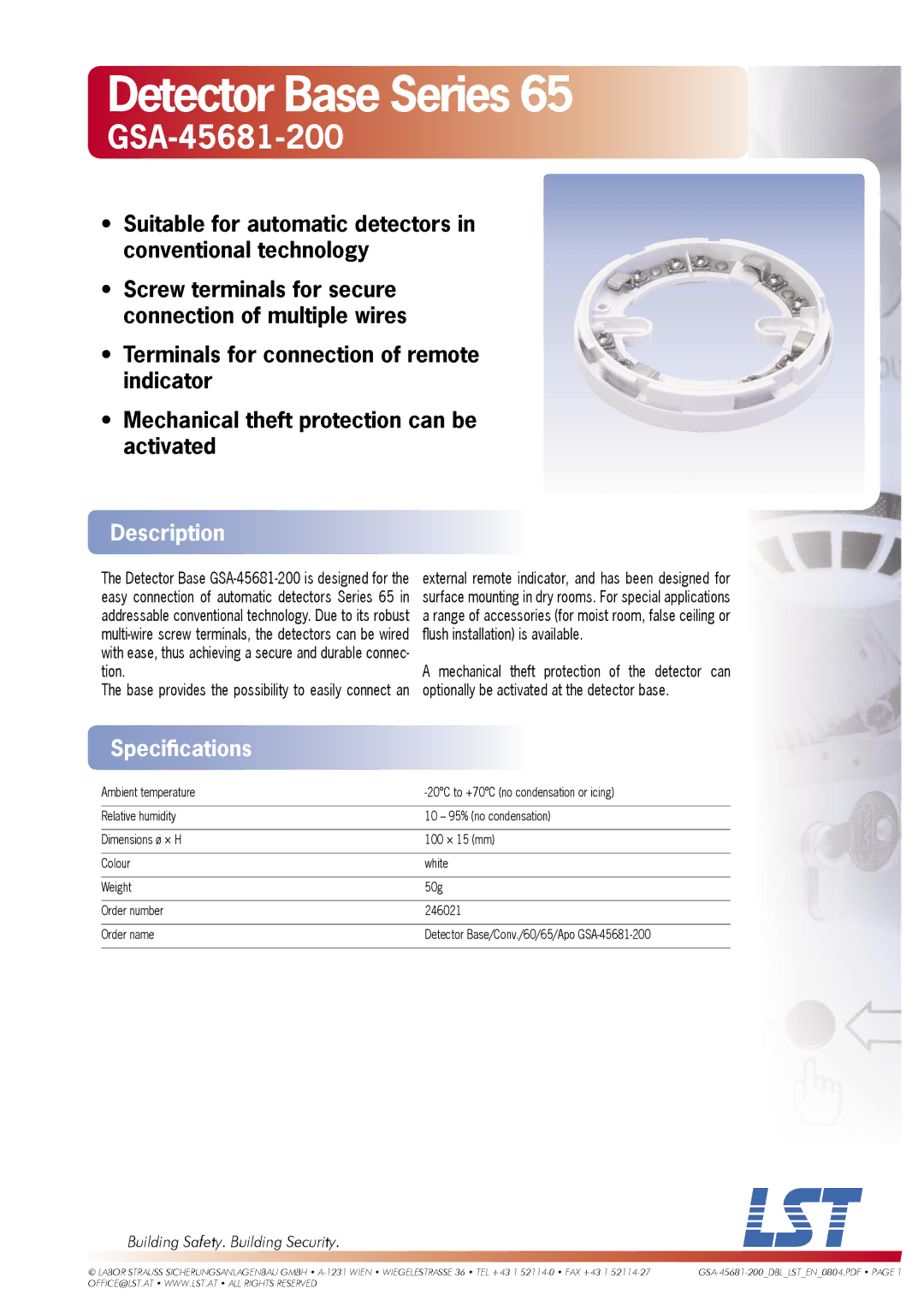 LST GSA-45681-200 specifications Detector Base Series, Description, Speciﬁcations, Building Safety. Building Security 