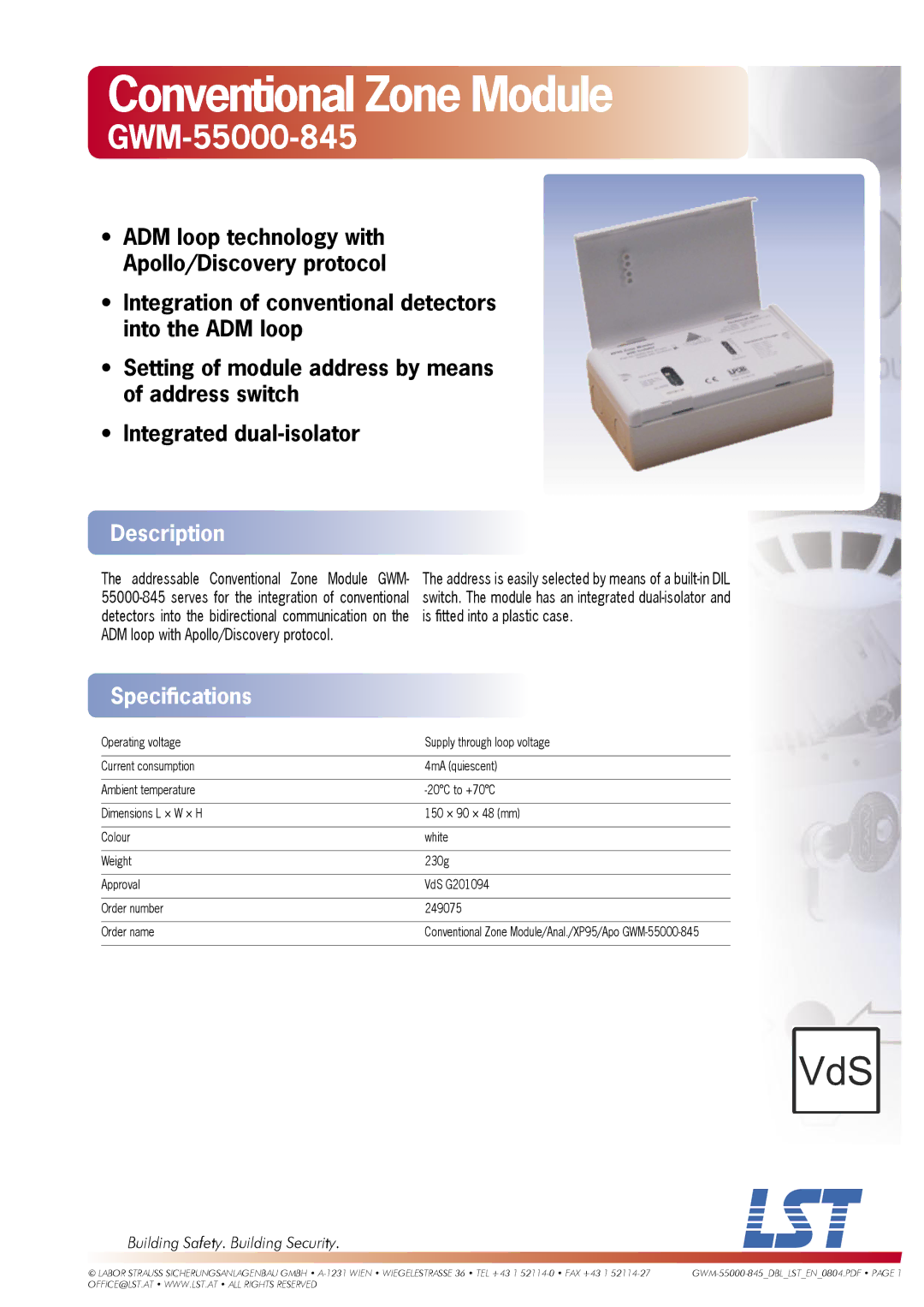 LST GWM-55000-845 specifications Conventional Zone Module, Description, Speciﬁcations, Building Safety. Building Security 